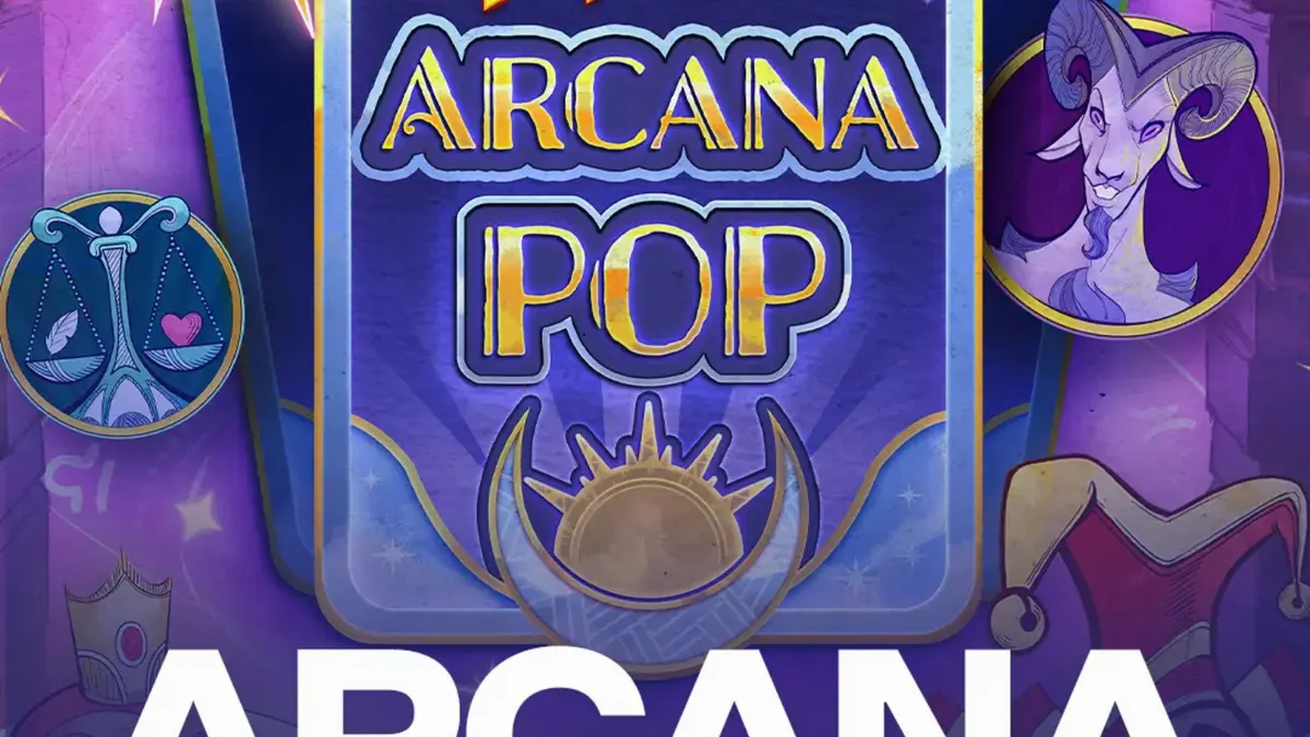 Arcana Pop slot game interface with tarot-themed symbols and mystical background.