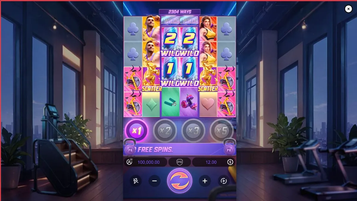 Tangkapan layar gameplay slot Mighty Mania dengan karakter atlet dan simbol kebugaran yang bersemangat di layar ponsel.