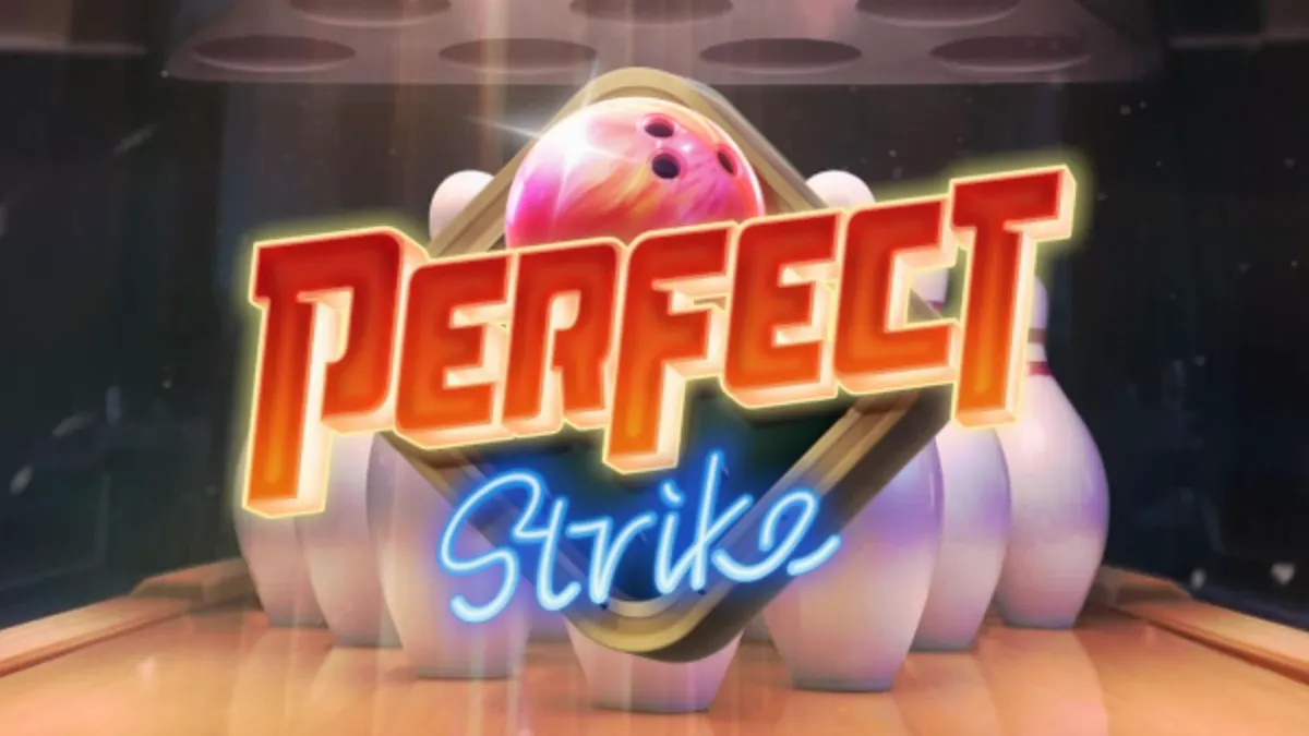 Tampilan visual neon dari slot Perfect Strike dengan simbol trofi dan bola bowling