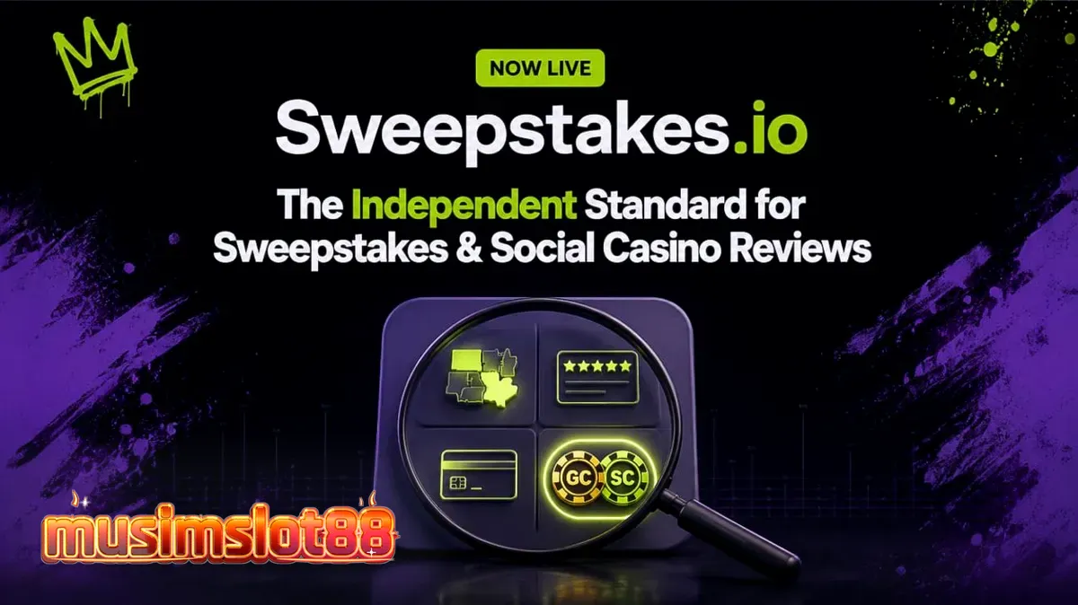 Antarmuka platform Sweepstakes.io yang menampilkan analisis kasino sosial dan ulasan operator.