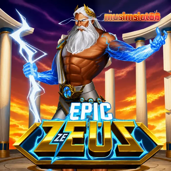 Tampilan antarmuka permainan slot Epic Ze Zeus dengan grid 6x5 dan elemen mitologi.